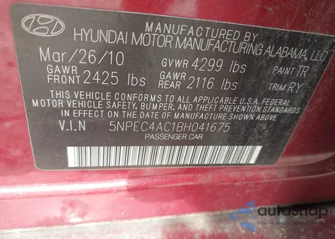 2011 Hyundai Sonata Se from USA, damaged, VIN 5NPEC4AC1BH041675